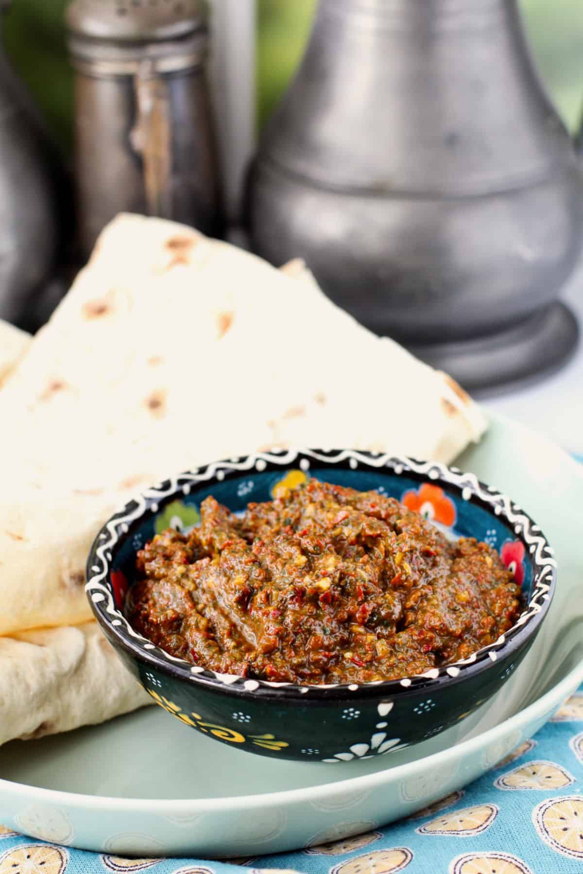 Red Zhug (Yemenite Hot Sauce) in a bowl with Lavash.