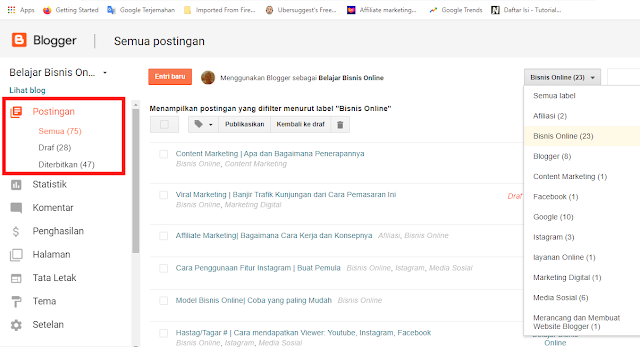 Fitur Postingan di Dashboard Blogger