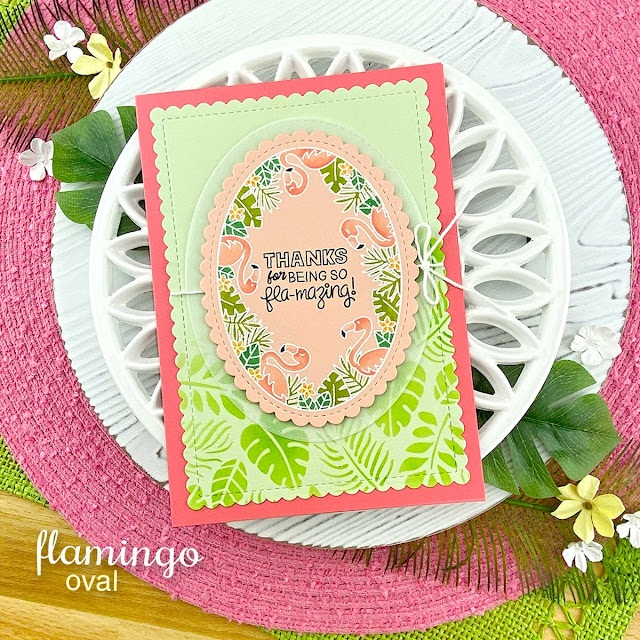 Flamingo Card by Jennifer Jackson | Flamingo Oval Stamp Set, Oval Frames Die Set, A7 Frames & Banners Die Set and Tropical Leaves Stencil by Newton’s Nook Designs #newtonsnook