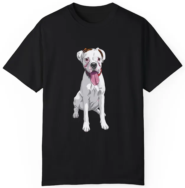 T-Shirt With Graphic of White Boxer Dog Sloppy Sitting Leaving Tongue Out