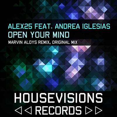 Mosaic of rhombus shapes in green, blue and purple colors. A text says ALEX25 feat. Andrea Iglesias. Open Your Mind