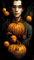 illustration of a young man with seven pumpkins