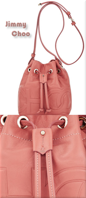 ♦Jimmy Choo Juno pink nappa leather drawstring bag with embossed CHOO logo #jimmychoo #bags #pantone #pink #brilliantluxury
