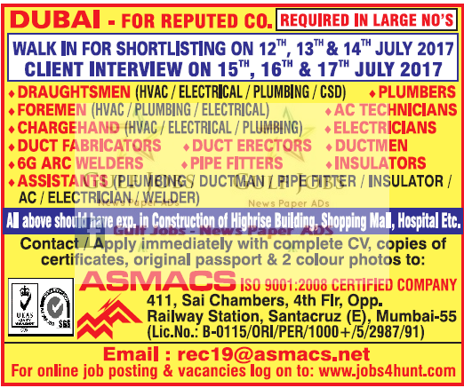 Reputed co JOb Vacancies for Dubai