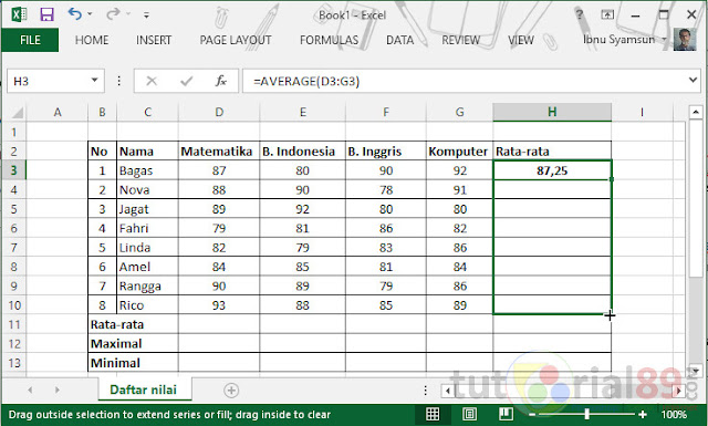 Cara menghitung nilai rata-rata, max dan min di excel