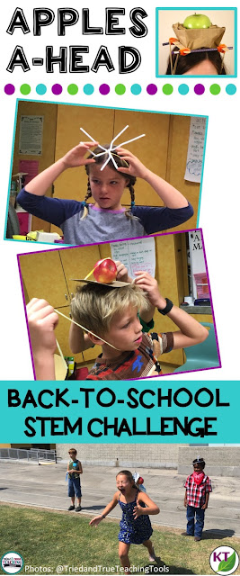 Back-to-School STEM Challenge: In Apples A-head, students build an apple-balancing device to be worn on their heads and test in a relay race. This challenge is perfect for studies of gravity, forces & motion, and includes modifications for grades 2-8.