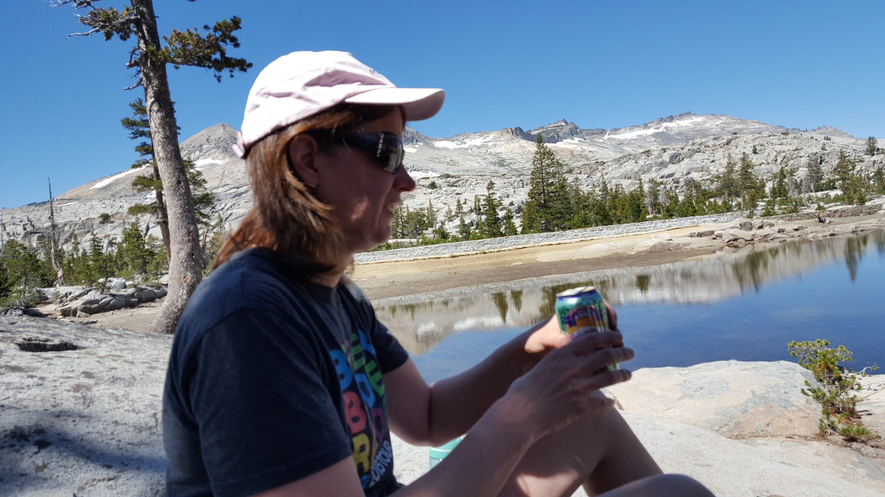 Enjoying an adult beverage after hiking to Lake Aloha in California's Desolation Wilderness. 2016-ish