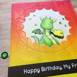 MFT magical dragons birthdaycard with arrow ends background stamp and peek a boo window and shiny clear embossing