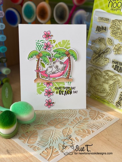 Make everyday a beach day  by Aloha Newton and Tropical Leaves by Newton's Nook Designs; #newtonsnook, #inkypaws, #cardmaking, #catcard, #tropicalcard