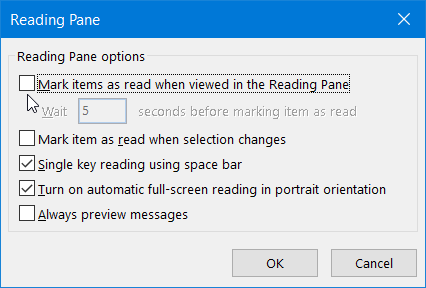 Outlook Reading Pane Options