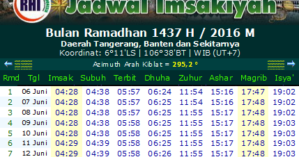 Jadwal Imsakiyah Ramadhan Tangerang 1437 Hijriyah 2016 