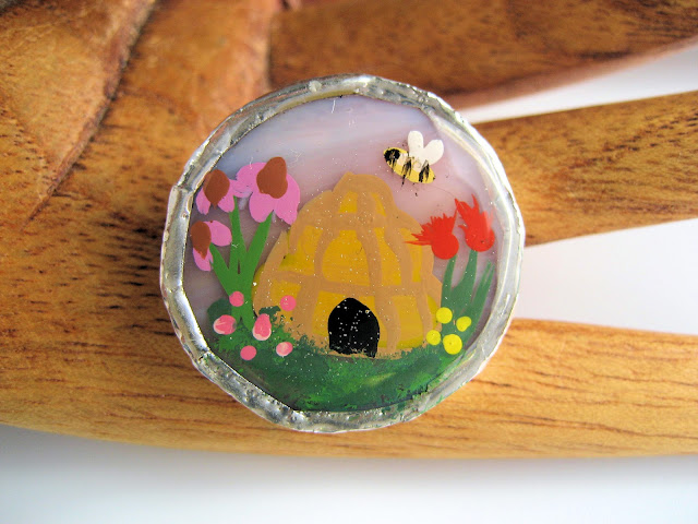 Handpainted stained glass button by Lori Bowring Michaud