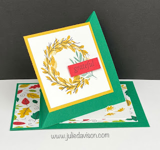 Stampin' Up! Cottage Wreaths Diagonal Easel Card | Celebrate Everything DSP | Fun Fold  www.juliedavison.com #stampinup