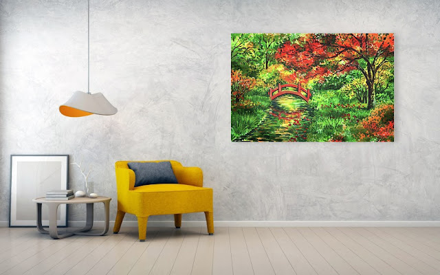 Fall painting in interior decor Japanese Garden With Red Bridge