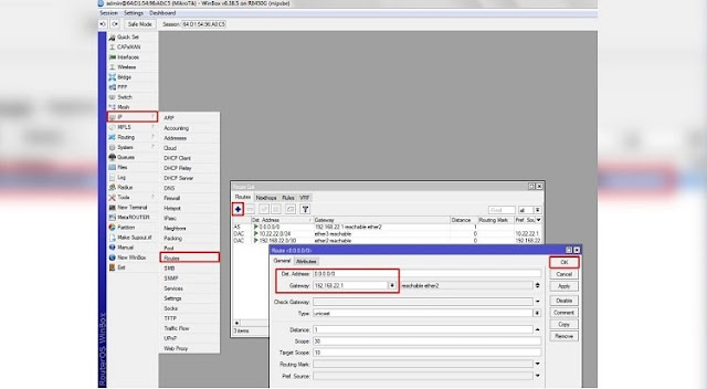 Membuat Route dengan Gateway (Setting Mikrotik)