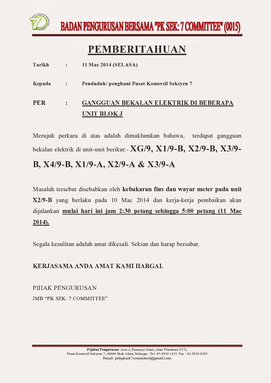 Surat Rasmi Gangguan Bekalan Air - Rasmi U