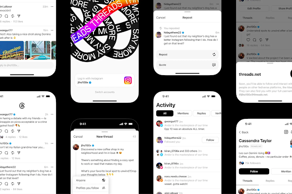 Collage of various screenshots of Threads, a new Twitter-like app from Meta