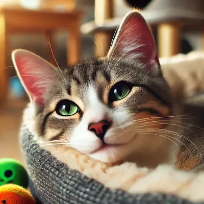 A close-up of a rescue cat comfortably lying in its soft bed, surrounded by toys. The cat appears relaxed and content, enjoying the warmth and safety of its new home. The peaceful environment highlights the care and love provided to ensure the cat feels secure after being rescued.