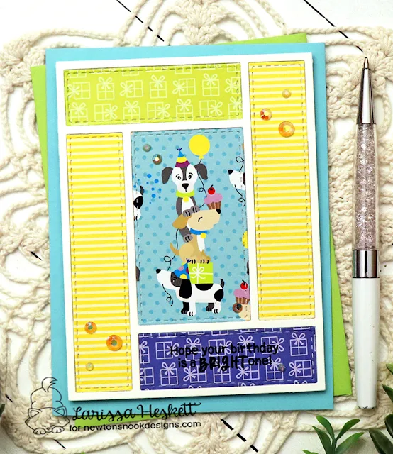 Bright One Card by Larissa Heskett for Newton's Nook Designs using A2 Card Layout Die Set, Pastel Basics Paper Pad, Birthday Woofs Paper Pad and Newton's Bright Birthday Stamp Set