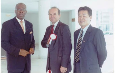 Chairman and Founder, Zinox, Leo Stan Ekeh (left) with former CEO of Elf Oil, now Total Plc, Pierre Lanversin (middle) and the deceased Mr. David Kan, founder and Chairman of Mustek Plc., all founding Directors of Zinox when the brand was launched in 2001