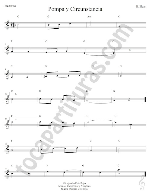 Pompa y Circunstancia Maestoso de Edward Elgar Partitura Fácil con Acordes Pompa y Circunstancia Sheet Music with Chords