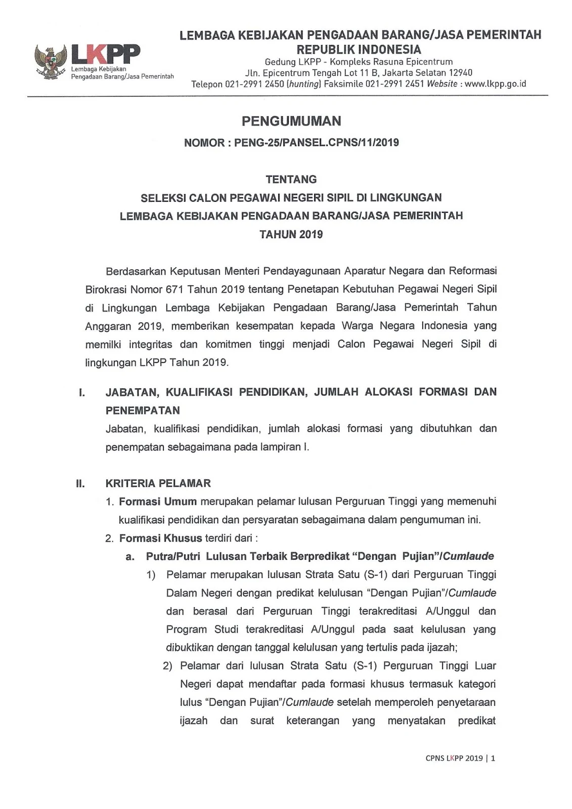 Lowongan CPNS Lembaga Kebijakan Pengadaan Barang/Jasa Pemerintah (LKPP) Tahun Anggaran 2019