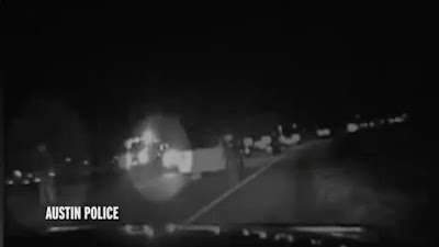 Dashcam footage of moment police officer, Cody Martin was hit by a hit and run driver while directing traffic following a crash in Austin, Texas.   The driver stopped briefly after sending the officer into the air but drove away.  The officer managed to escape death with a dislocated shoulder and broken upper arm following the accident on February 3rd.