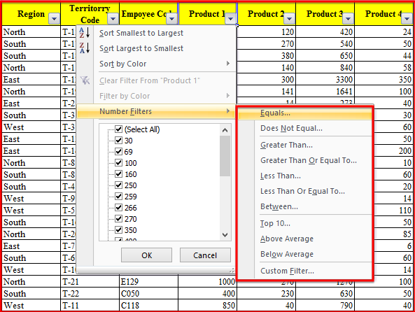 Use of Filter to Number in Excel