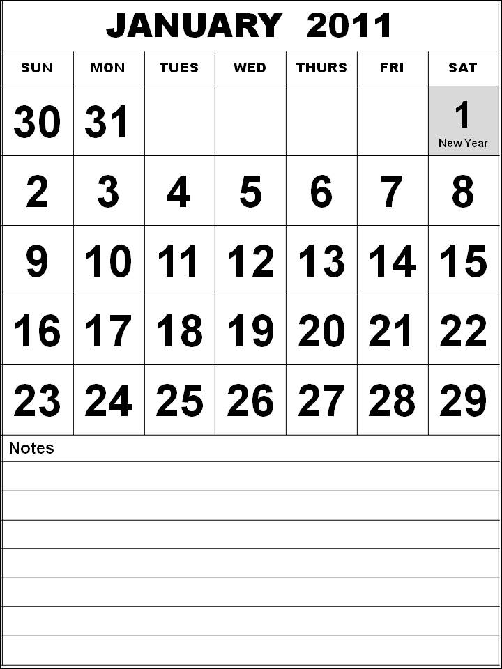 Singapore Calendars January 2011 to December 2011 - Horizontal with notes