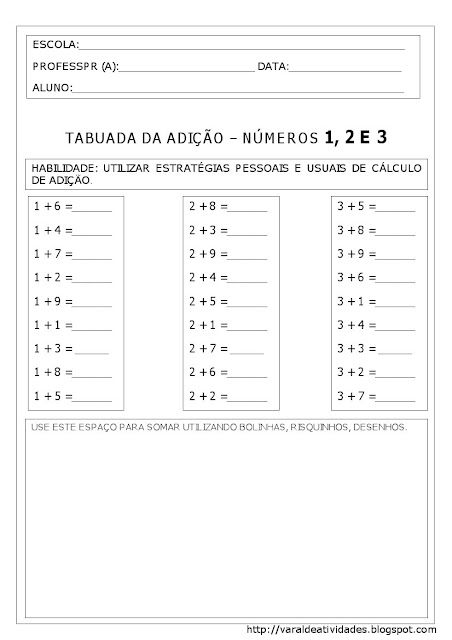 realizar cálculo mental de adição da tabuada do 1, 2, 3