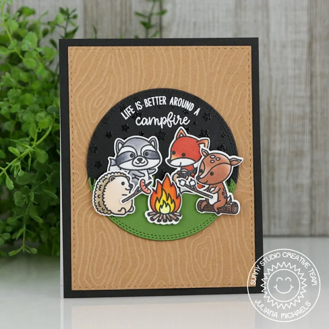 Sunny Studio Stamps: Critter Campout Camping Card by Juliana Michaels (using Sunny Sentiments grass border die & Cascading Stars stamps)