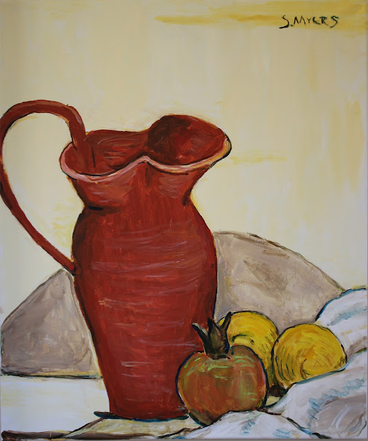 art, painting, still-life, natura morte, sarah, myers, arte, pintura, pitcher, red, fruit, lemons, pomegranate, ceramic, amy, myers, modern, contemporary, large, kunst, acrylic, canvas, yellow, table, interior