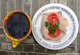 Typical Modern Ukrainian Breakfast Black Coffee Open Sandwich