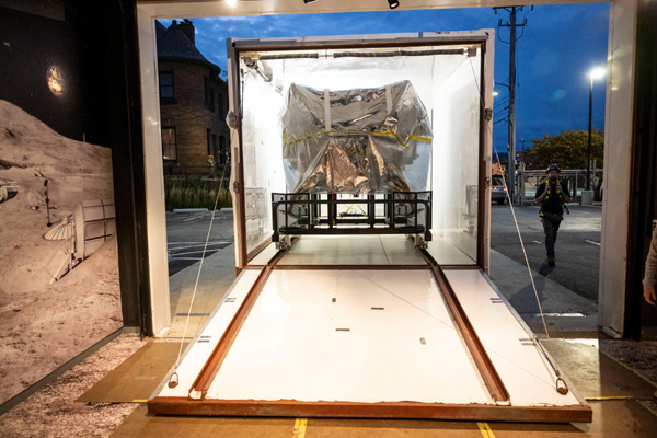 Astrobotic's Peregrine lunar lander sits inside the trailer that the spacecraft will travel in during its road trip from Pittsburgh, Pennsylvania, to Cape Canaveral Space Force Station in Florida...on October 27, 2023.