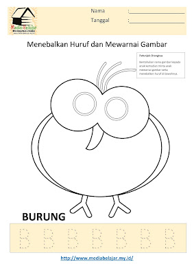 Lembar Kerja Paud Menebalkan Huruf B dan Mewarnai Gambar Burung