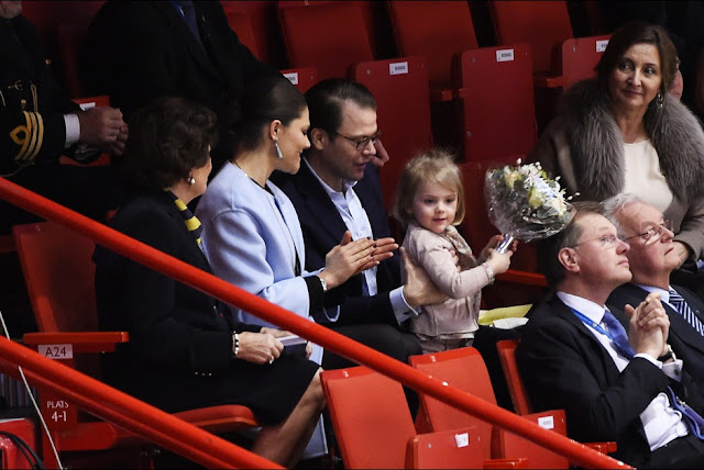 Crown Princess Victoria of Sweden, Prince Daniel and Princess Estelle attends the opening of the European Figure Skating Championships 2015