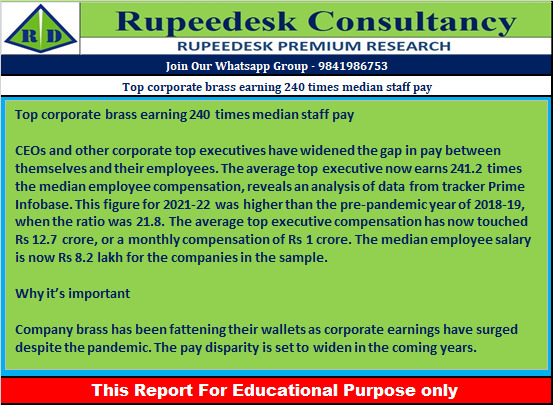 Top corporate brass earning 240 times median staff pay - Rupeedesk Reports - 28.12.2022