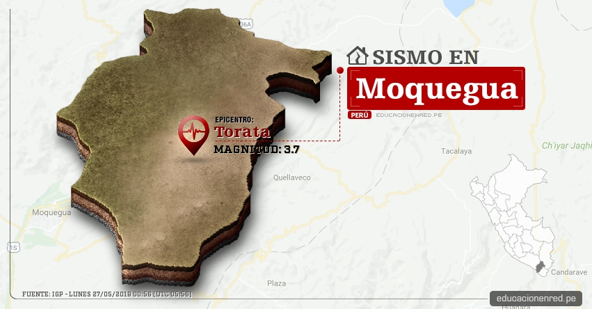 Temblor en Moquegua de Magnitud 3.7 (Hoy Lunes 27 Mayo 2019) Sismo - Epicentro - Torata - Mariscal Nieto - IGP - www.igp.gob.pe