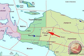 Tanda panah menunjukkan lokasi Wamena dan Mulia di Papua