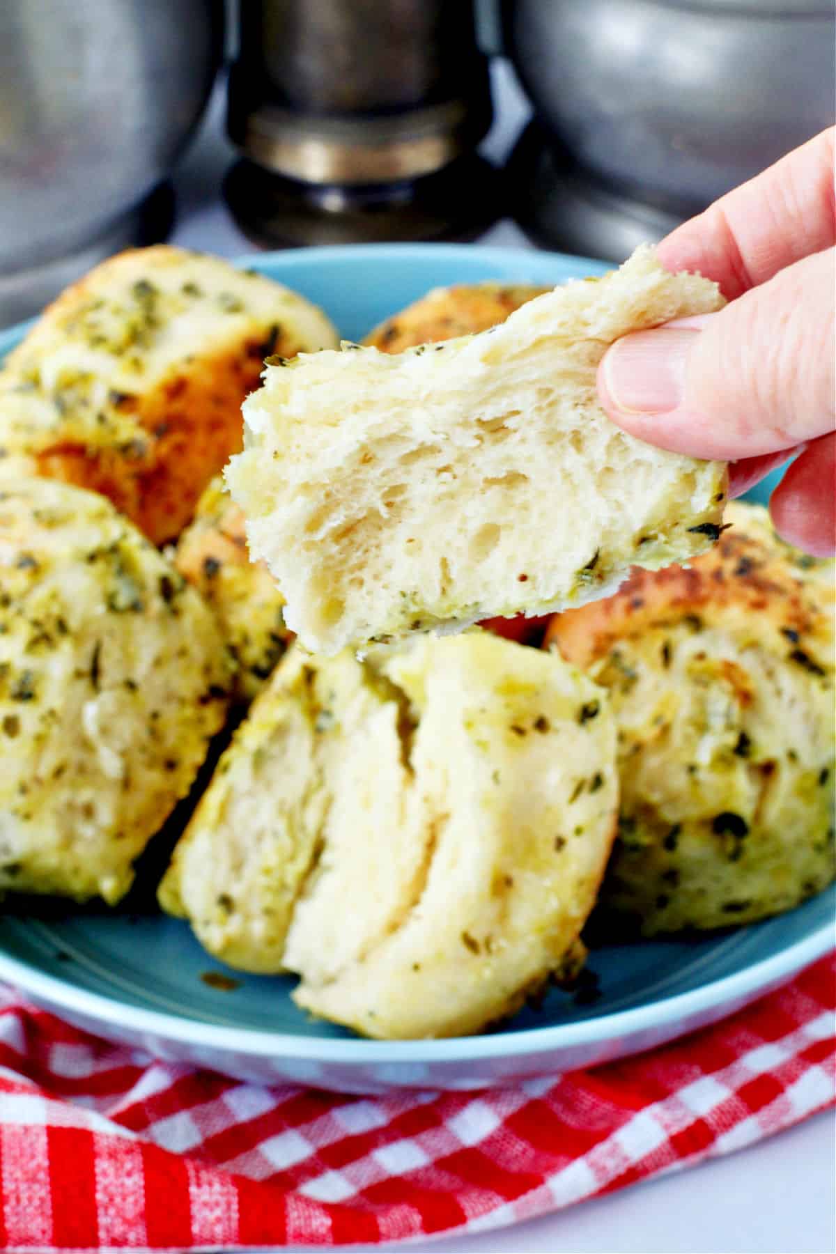 Thanksgiving Stuffing Rolls in a blue bowl.