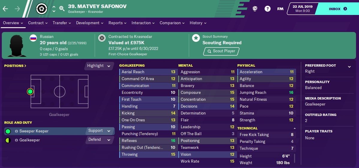 Matvey Safonov: Starting Attributes in FM2020