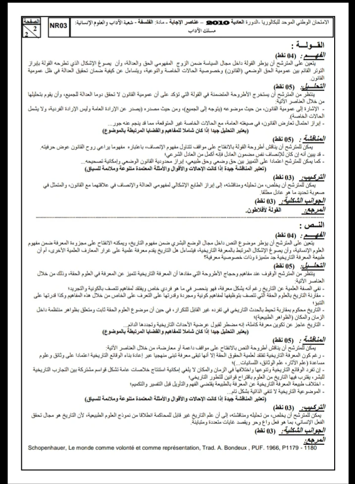 الامتحان الوطني الموحد للباكالوريا، شعبة الآداب والعلوم الإنسانية: مسلك الآداب، مادة الفلسفة / الدورة العادية 2010