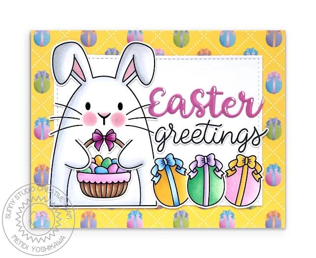 Sunny Studio Rabbit Holding Easter Basket with Oversized Eggs Card by Mendi using Big Bunny Stamps & Spring Fever Paper