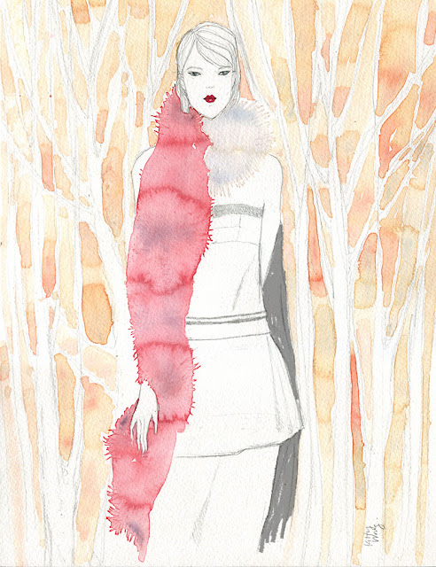 Marni fur scarf in forest watercolour illustration painting