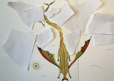 photograph of a drawing of a dragon-bat with a golden body and colourful wings, flying down towards the words of the blog post, with a golden sun to the left and small waves scattered around. there are bits of paper covering up writing around the dragon bat which contains personal information