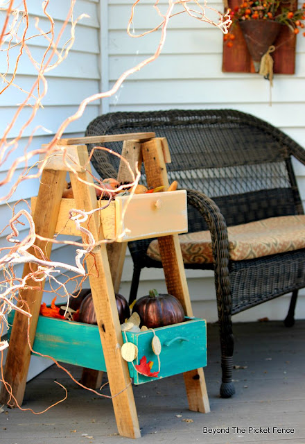 fall, decor, autumn, porch, pumpkins, gourds, repurposed drawers, curly willows,http://bec4-beyondthepicketfence.blogspot.com/2015/09/ushering-in-autumn-bit-by-bit.html 