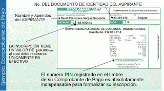 Comprobante de Pago Inscripción Universidad Nacional de Colombia. Haz click para ampliar la imagen