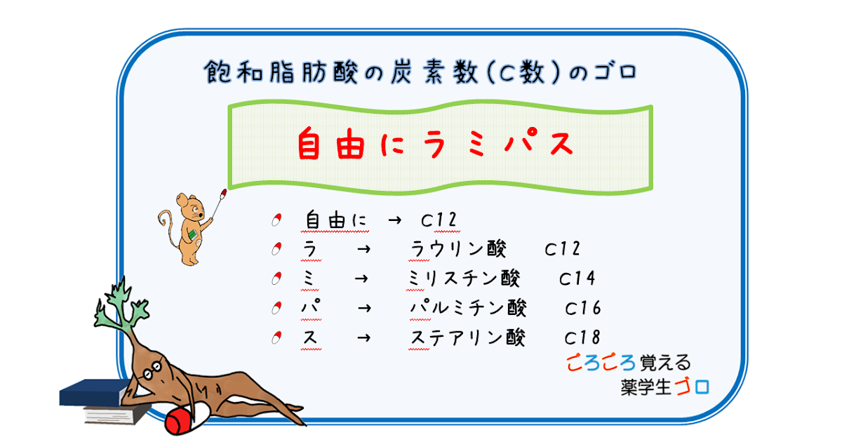 飽和脂肪酸の炭素数 C数 のゴロ ごろごろ覚える薬学生ゴロ 薬剤師国家試験対策 飽和脂肪酸の炭素数 C数 のゴロ ごろごろ覚える薬学生ゴロ 薬剤師国家試験対策