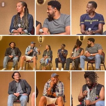 There a collage of seven different photos. In the center is a long rectangular photo of six artists of color sitting in chairs in a line, talking with each other. There is a light tan background behind them. The other six photos making up the collage are close ups of the six presenters sitting together.