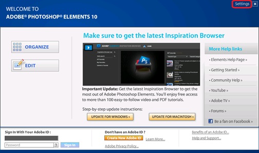 At times, many folks don't want to use Welcome Screen as they consider it a advertising media. Although reason is not completely right, as many times useful information about updates is also shared with users of Adobe Photoshop Elements. But if you are one of the user who has decided not to use Welcome Screen, due to this or other reason, check out the quick way of avoiding Welcome Screen and Launching your top use part of Adobe Photoshop Elements. Let's see Step by Step guidelines for avoiding Welcome Screen in Adobe Photoshop Elements.One simple workflow provided by Adobe is to set default application to be launched every time when you Double click Adobe Photoshop Elements icon. Let's see exact steps and then discuss another way of avoiding Welcome Screen Completely.1. Launch Welcome Screen (probably last time)2. Click on 'Settings' link on top right part of Welcome Screen in Adobe Photoshop Elements 4. Following dialog/window will be shown with three options and you can opt one of them. Options are quite explanatory as you can see here -a. Just Show the Welcome Screenb. Always Launch Elements Organizer Onlyc. Always Launch Elements Editor Only5. If you select any of the last two options, only that application will be launched on double clicking PSE icon on your desktop or Start-Menu of Windows. And in case you want to other applications, it possible form within your default application. E.g. - If you select to launch Editor always, you can launch Organizer & Welcome Screen from Editor. Home button launches Welcome Screen and there is another icon for Organizer as well.As you may noticed that it has a limitation that you can only opt for launching one application always. So if you select to launch Editor always, and want to use Organizer during one of the session, you first need to launch Editor and then Organizer can be launched from Editor. Means launching of non-Default application will always have one extra step.Other trick to avoid Welcome Screen in Adobe Photoshop Elements is creating shortcuts of Organizer and Editor on your desktop and double-click on the one which you intend to use. 